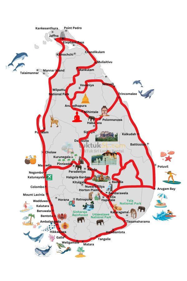 sri lanka round tour map for tuktuk itinerary